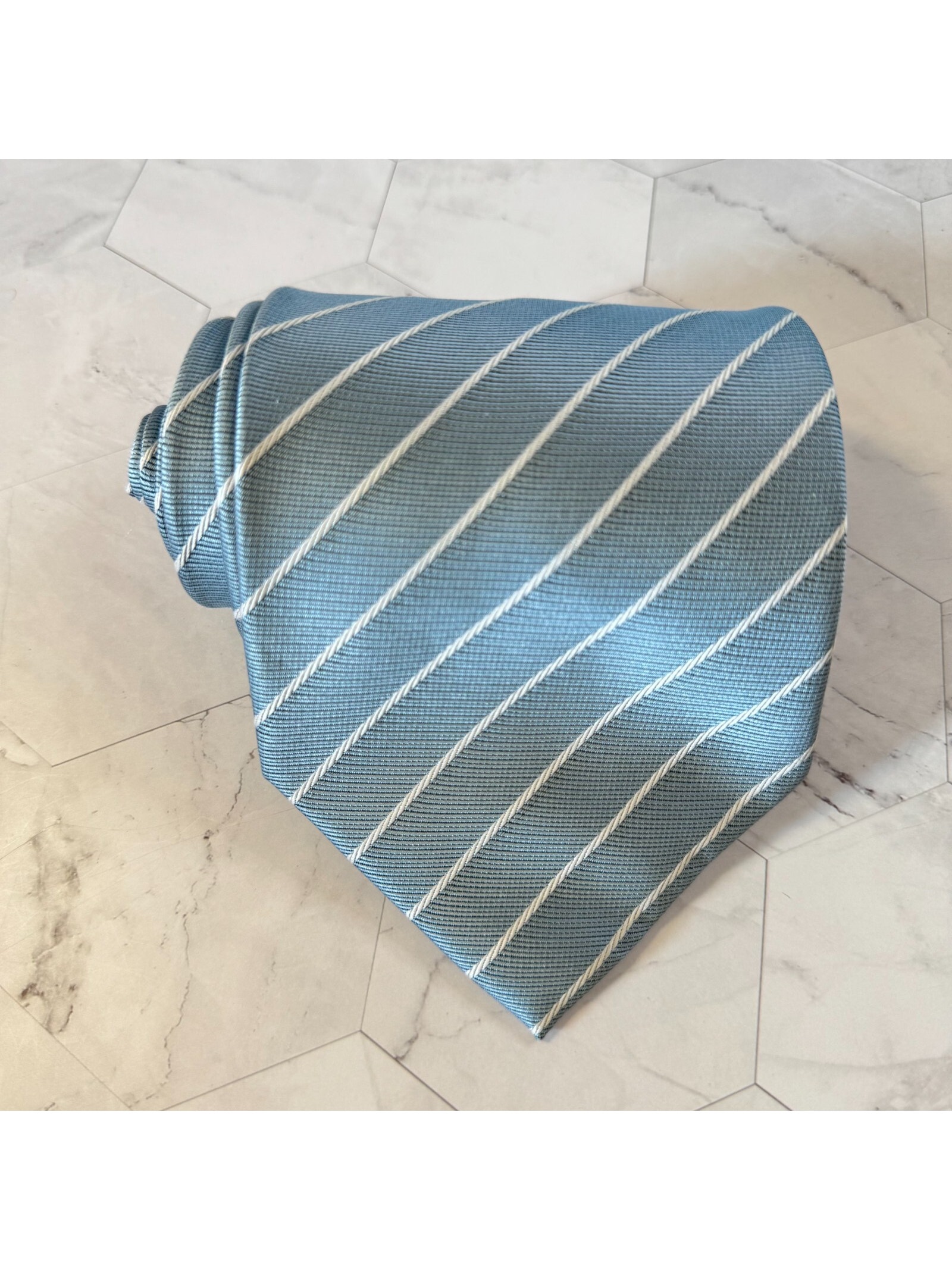 Desert Prince Mens Tie 100% Silk Made In France Blue With White Stripe Pastel